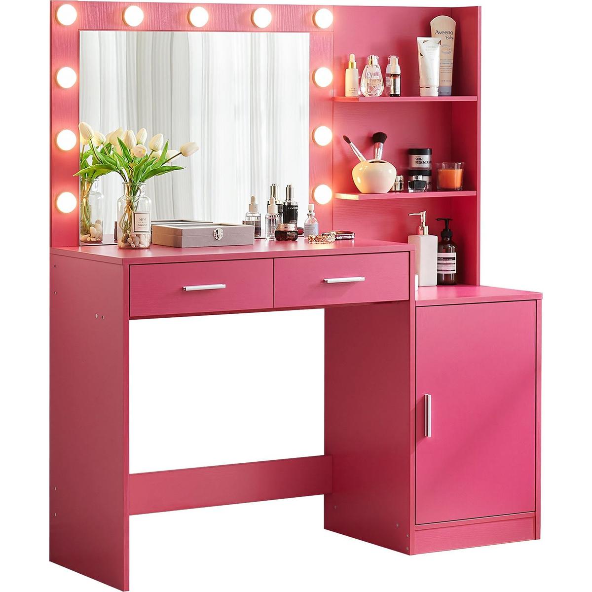 Vanity Desk with Mirror and Lights, 46.4IN Dressing Table with 2 Large Drawer&Large Vertical Organizer, 3 Level Dresser & 3 Lighting Modes Adjustable Brightness, Suitable for Bedroom(Rose Pink)