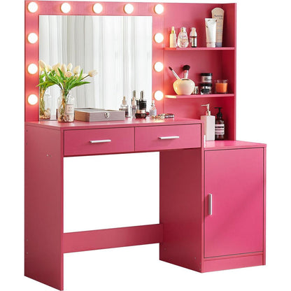 Vanity Desk with Mirror and Lights, 46.4IN Dressing Table with 2 Large Drawer&Large Vertical Organizer, 3 Level Dresser & 3 Lighting Modes Adjustable Brightness, Suitable for Bedroom(Rose Pink)