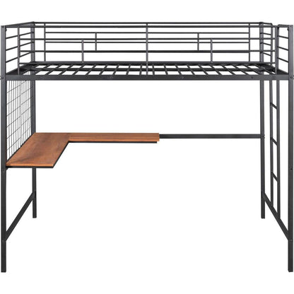 Full Metal Loft Bed with Desk and Metal Grid, Black