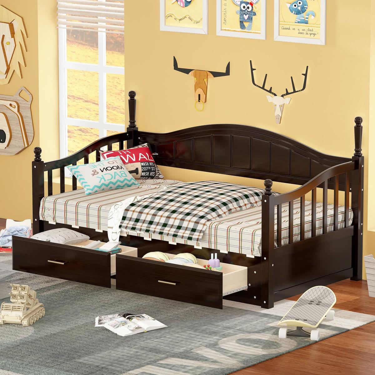 Wooden Twin Size Daybed with Twin Size Trundle, Extendable Daybed with Two Storage Drawers, Espresso
