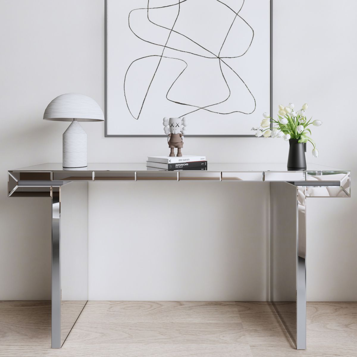 60 Inches Luxury Full-Length Mirror Console Table with Fluted Tempered Glass, Entryway Mirrored Sofa Table, Light Luxury Style, Scratch-Resistant, Reinforced Packaging