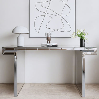 60 Inches Luxury Full-Length Mirror Console Table with Fluted Tempered Glass, Entryway Mirrored Sofa Table, Light Luxury Style, Scratch-Resistant, Reinforced Packaging