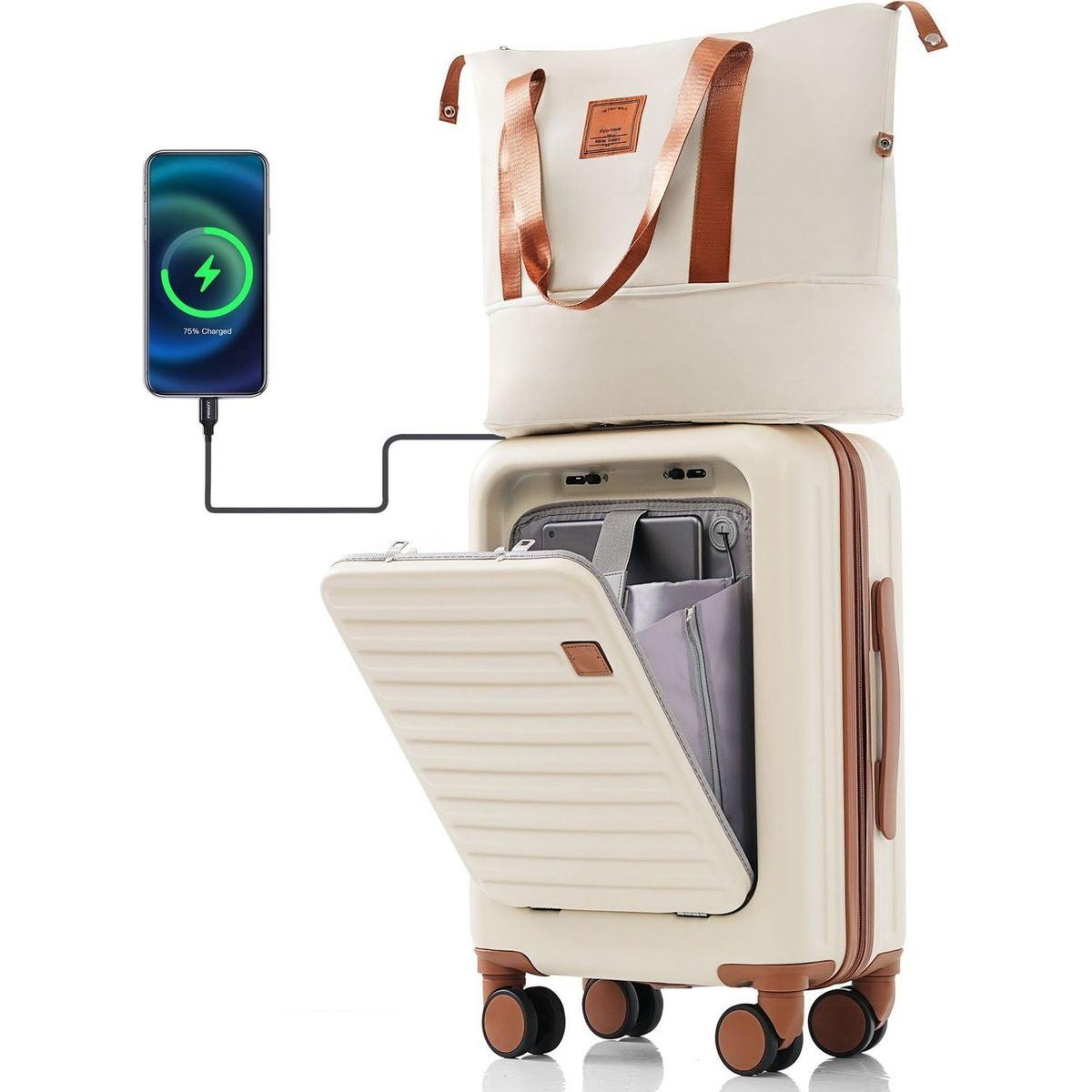 Front Opening 20-Inch Carry-On Luggage with Expandable Travel Bag Set, ABS Hard Shell Two-piece suitcase set with USB Port, Cup Holder, ivory and brown