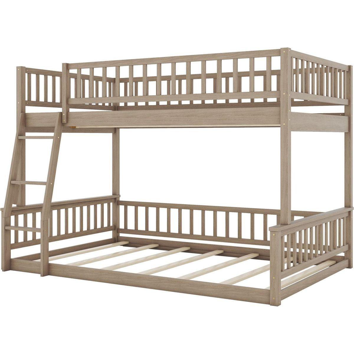 Full XL over Queen Bunk Bed with Ladder and Guardrails, Walnut