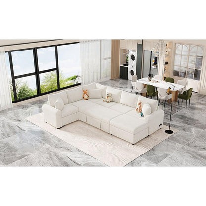 112.2" Sectional Sofa Pull-out Sofa Bed Sleeper with a Storage Ottoman,Three Pillows and Charging Devices for Living Room, Cream