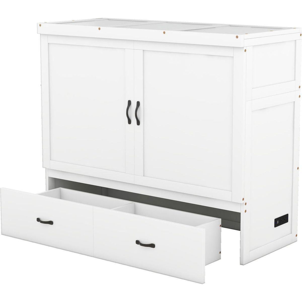 Full Size Murphy Bed with USB Port and a Large Drawer, White