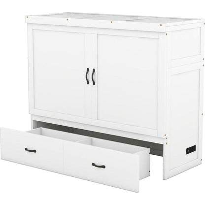 Full Size Murphy Bed with USB Port and a Large Drawer, White