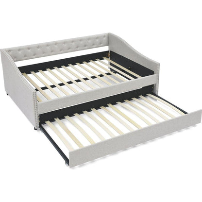 Full Size Daybed with Twin Size Trundle Upholstered Tufted Sofa Bed, with Button on Back and Copper Nail on Waved Shape Arms,Beige (80.5"x55.5"x27.5")