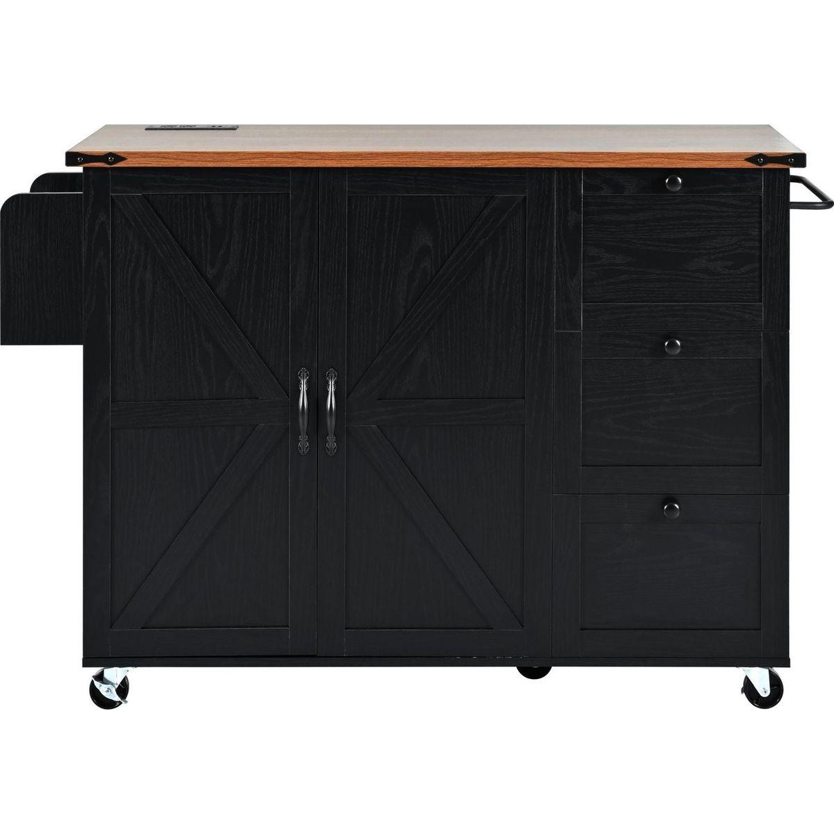 54.5" Farmhouse Kitchen Island with Power Outlet, Kitchen Storage Island with Internal Storage Rack, Drop Leaf, Spice Rack, Rolling Kitchen Cart on Wheels, for Home, Kitchen and Dining Room,Black