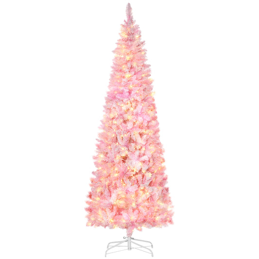 HOMCOM 7.5ft Prelit Snow Flocked Artificial Christmas Tree with Pencil Shape, Pine Realistic Branches, Warm White LED lights, Auto Open, Pink and White