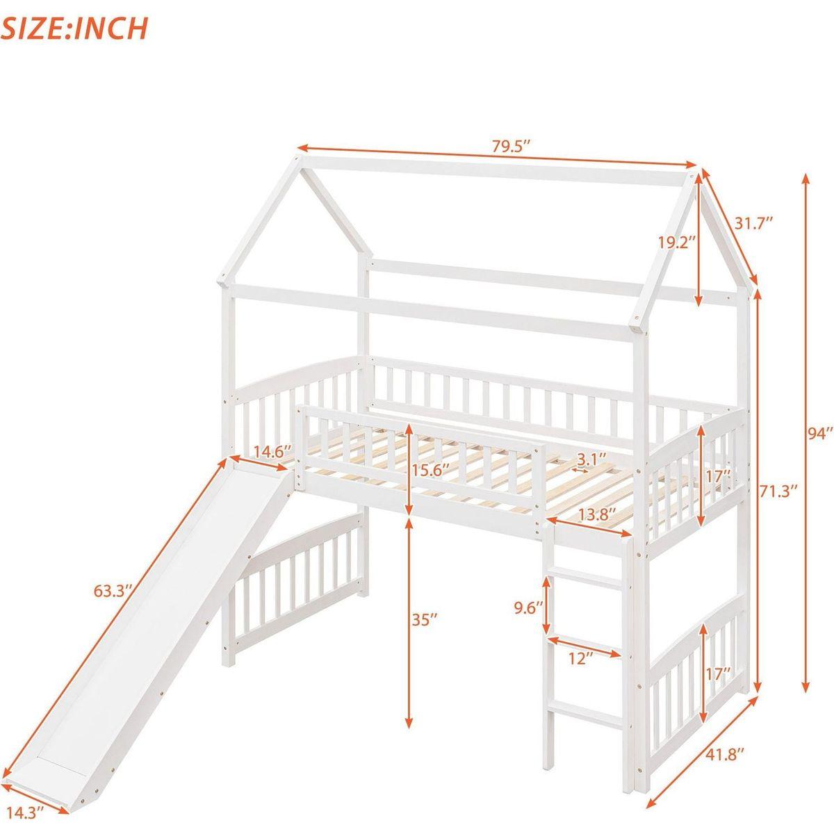 Twin Loft Bed with Slide, House Bed with Slide,White