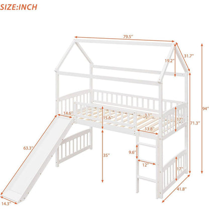 Twin Loft Bed with Slide, House Bed with Slide,White