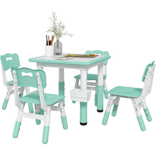 Qaba Kids Table and Chair Set, Height Adjustable 5 Piece Toddler Table and Chair Set with Storage Box, Easy to Wipe Activity Table with 4 Chairs for Ages 18 Months-5 Years, Green