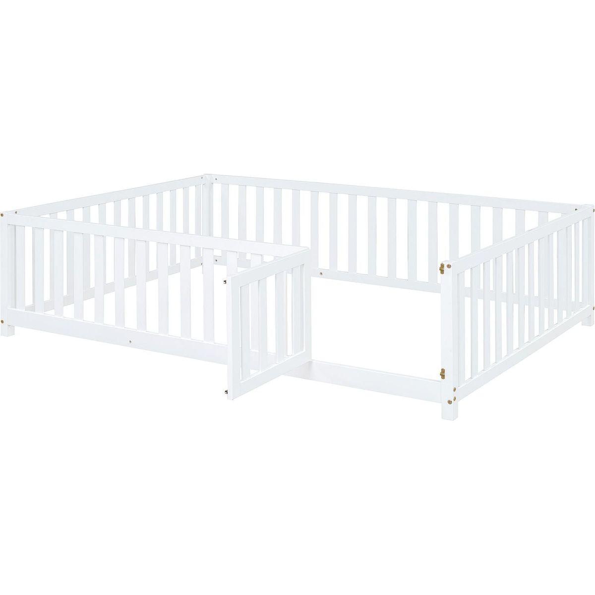 Full Size Wood Daybed with Fence Guardrails and 2 Drawers, Split into Independent Floor Bed & Daybed, White
