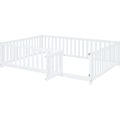 Full Size Wood Daybed with Fence Guardrails and 2 Drawers, Split into Independent Floor Bed & Daybed, White