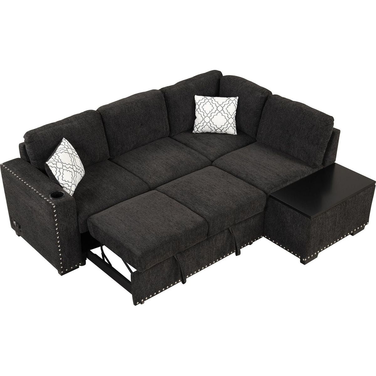 83.8" Reversible Sectional Pull-Out Sofa Bed L-Shaped Corner Sofa Couch with Storage Chaise, USB Ports, Power Sockets, Cup Holder for Living Room, Bedroom, Study, Black
