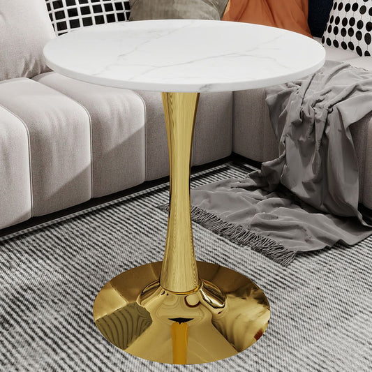 27.6-inch gold coffee table, mid-century modern style dining table, accommodates 2-4 people, featuring a round white-veined marble tabletop, suitable for various settings.