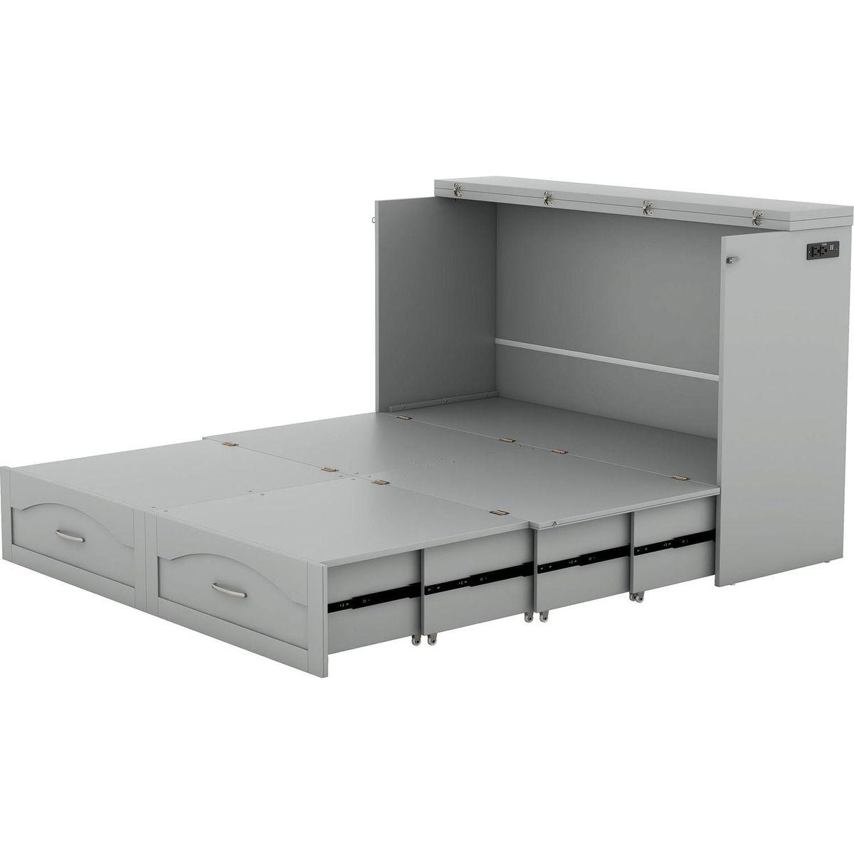 Queen Size Murphy Bed Wall Bed with drawer and a set of Sockets & USB Ports, Pulley Structure Design, Gray