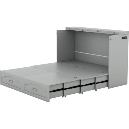 Queen Size Murphy Bed Wall Bed with drawer and a set of Sockets & USB Ports, Pulley Structure Design, Gray