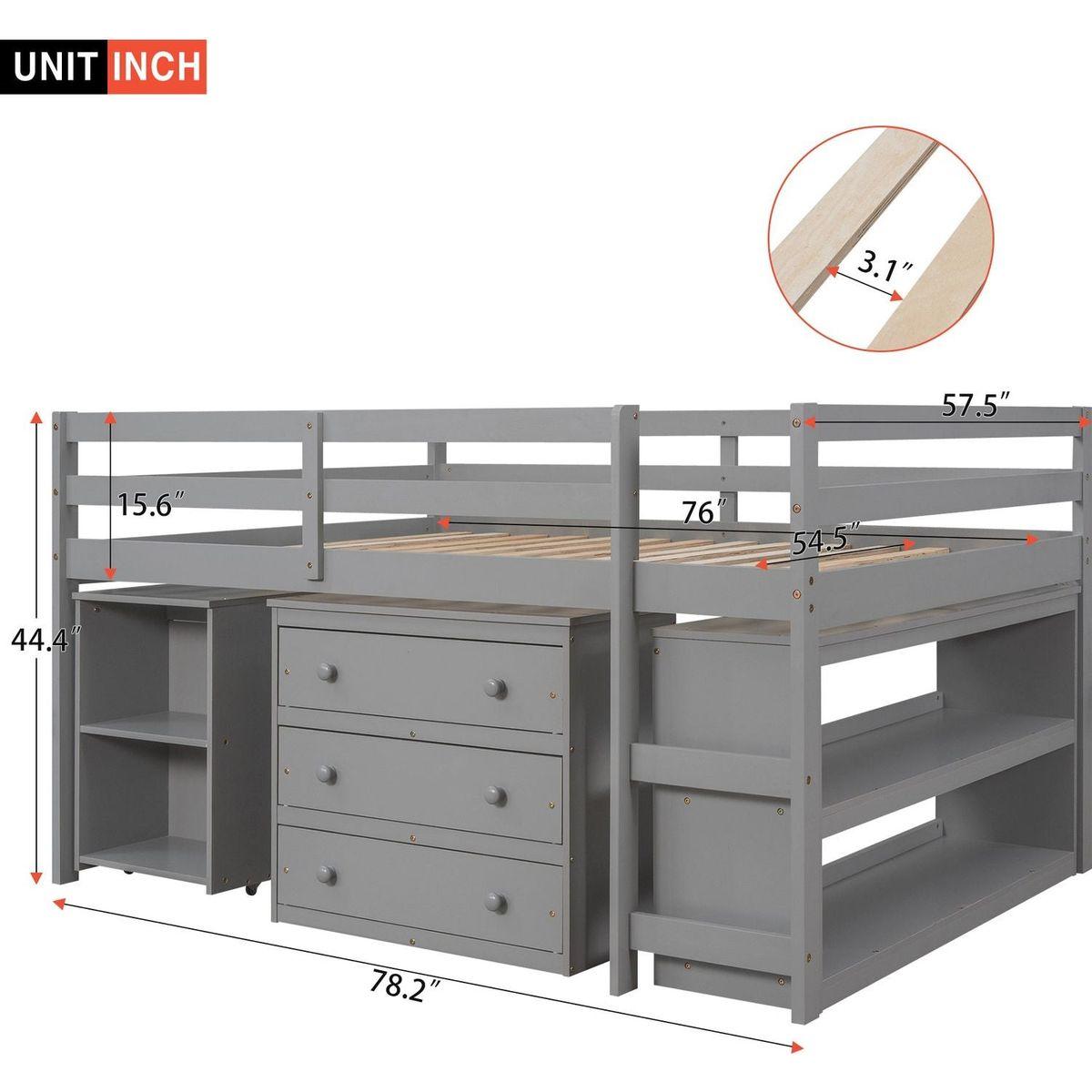 Low Study Full Loft Bed with Cabinet, Shelves and Rolling Portable Desk, Multiple Functions Bed- Gray