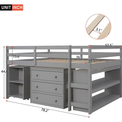 Low Study Full Loft Bed with Cabinet, Shelves and Rolling Portable Desk, Multiple Functions Bed- Gray