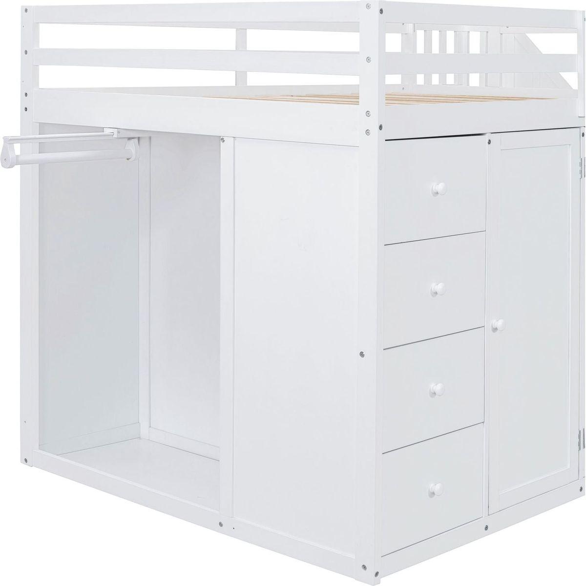 Full Size Wood Loft Bed With Built-in Wardrobes, Cabinets and Drawers, White