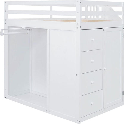 Full Size Wood Loft Bed With Built-in Wardrobes, Cabinets and Drawers, White