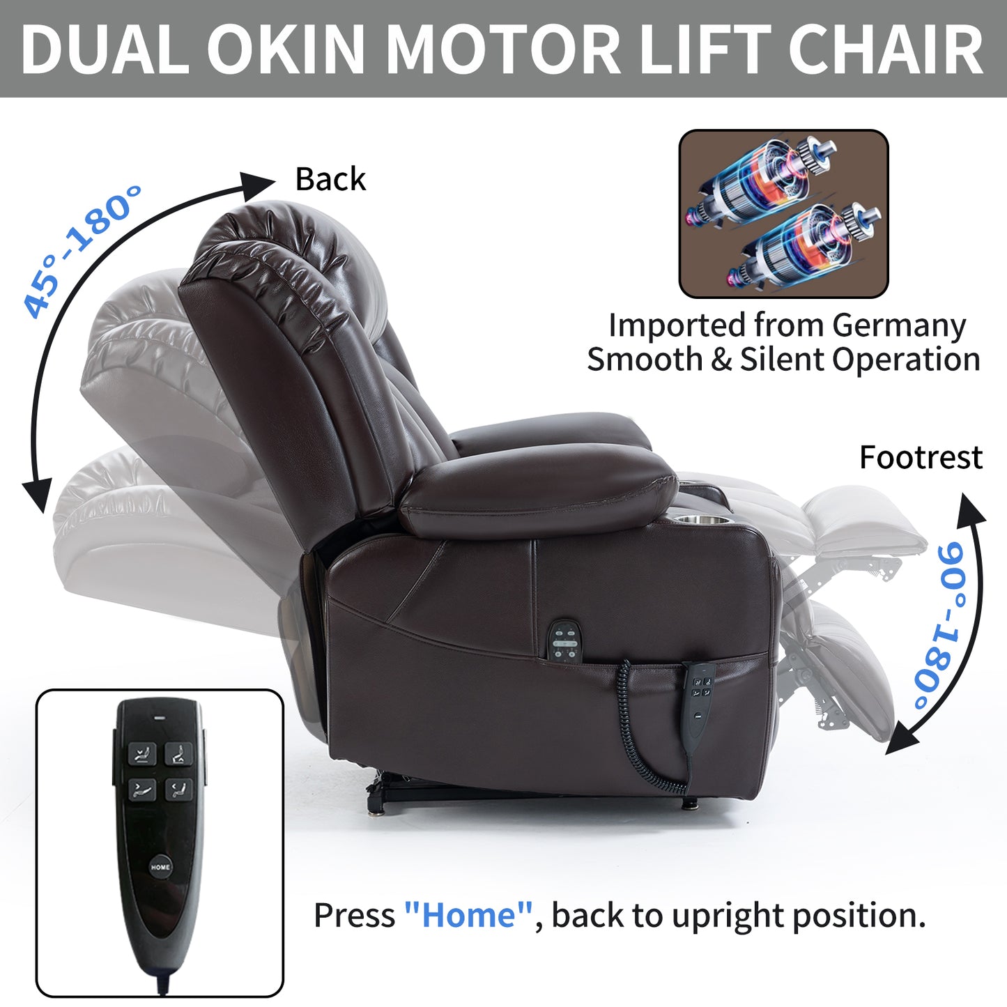 Dual Motor Infinite Position Up to 350 LBS Leatheraire Power Lift Recliner Chair, Heavy Duty Motion Mechanism with 8-Point Vibration Massage and Lumbar Heating, Stainless steel Cup Holders, Brown