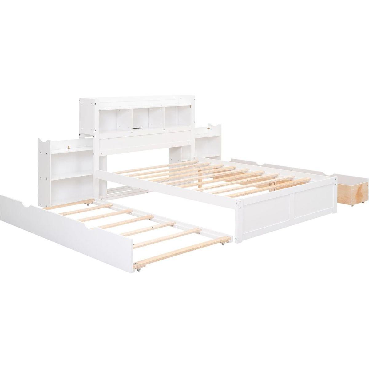 Full Size Storage Platform Bed with Pull Out Shelves, Twin Size Trundle and 2 Drawers, White