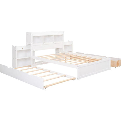 Full Size Storage Platform Bed with Pull Out Shelves, Twin Size Trundle and 2 Drawers, White