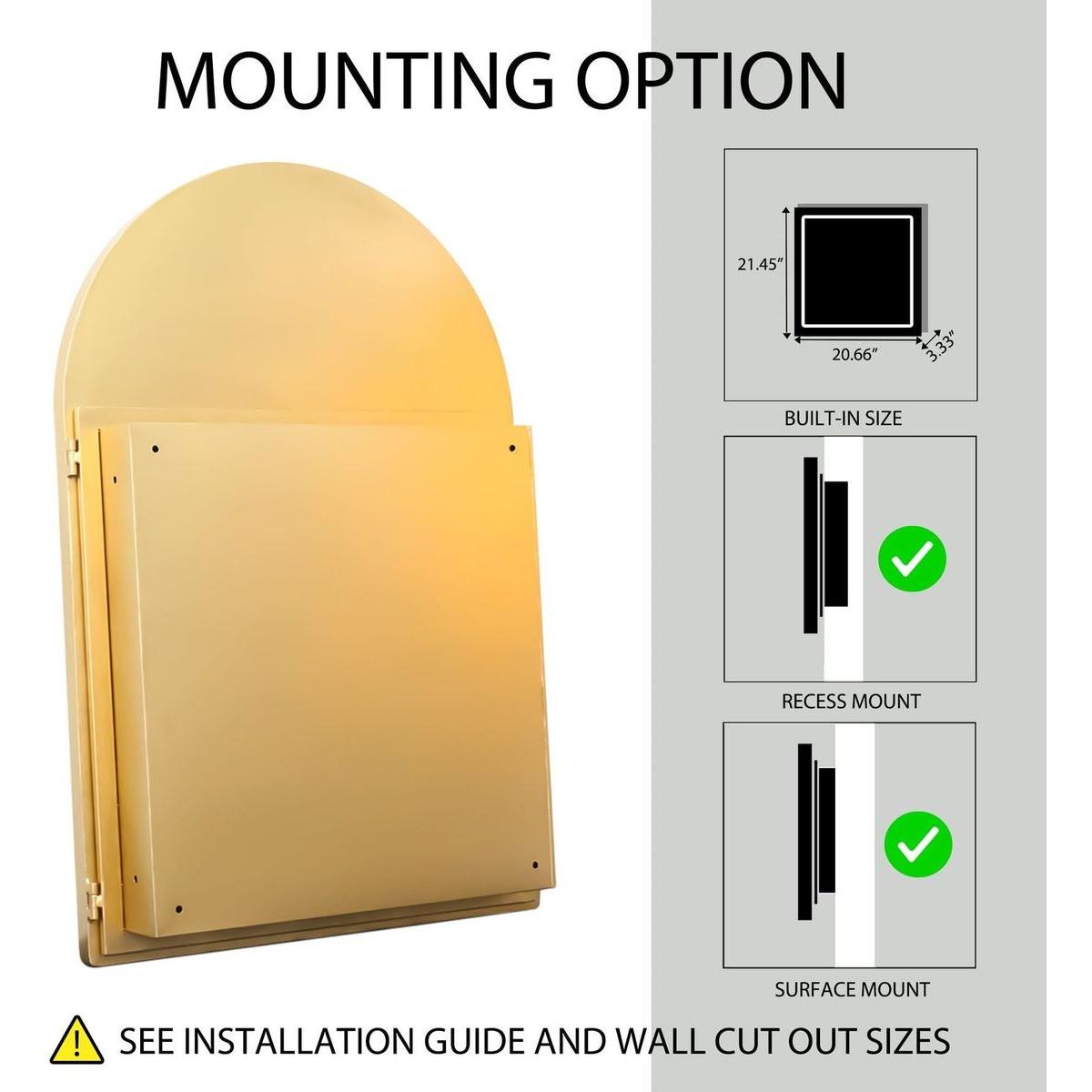 24x36 Inch Arched Recessed Medicine Cabinet, Metal Framed Bathroom Wall Cabinet with Mirror and Adjustable Shelves, Wall Mirror with Storage for Bathroom, Matte Gold