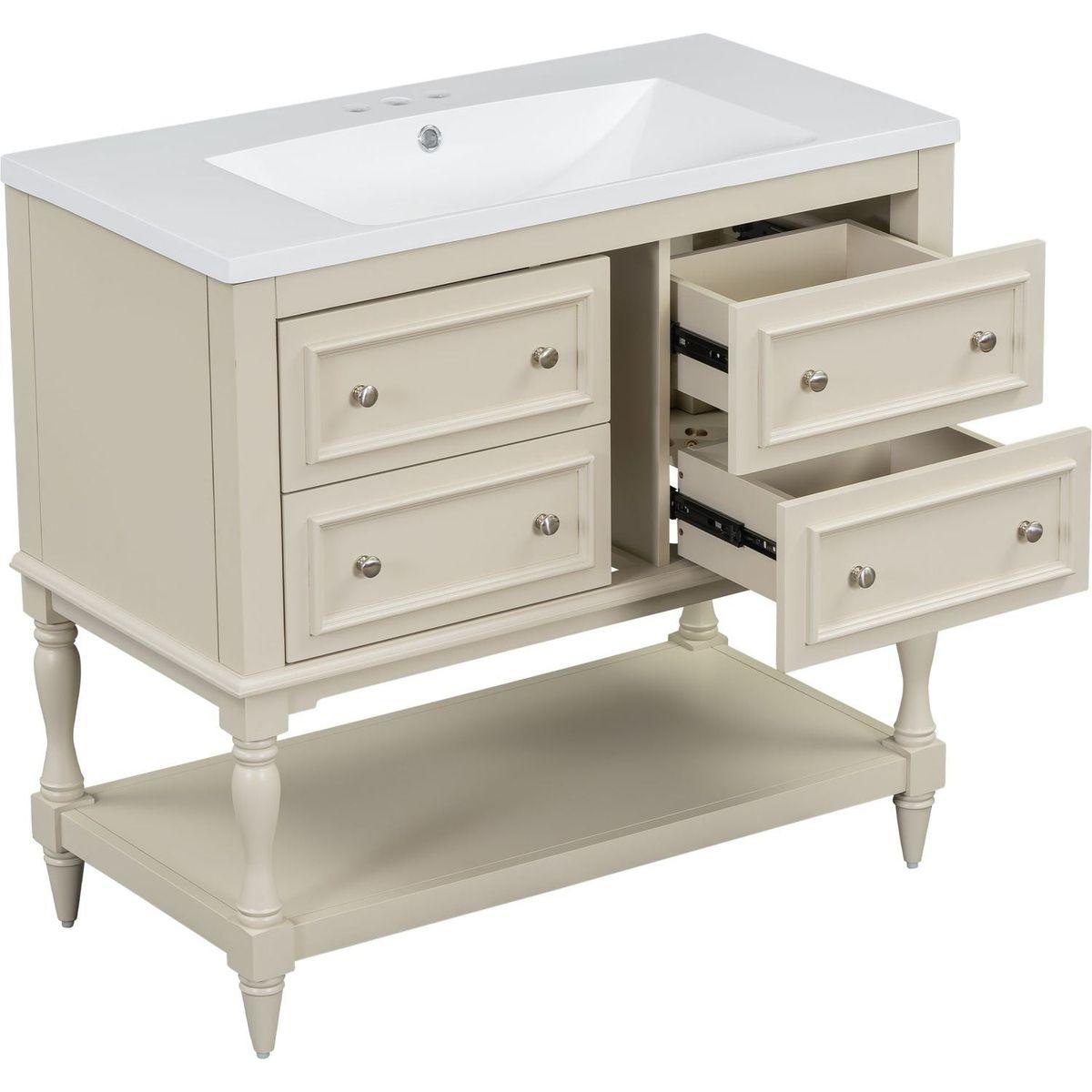 36" Bathroom Vanity Cabinet with Sink Combo Set, Undermount Resin Sink, Free Standing Vanity Set with 4 Drawers, Solid Wood Frame Bathroom Cabinet, Beige