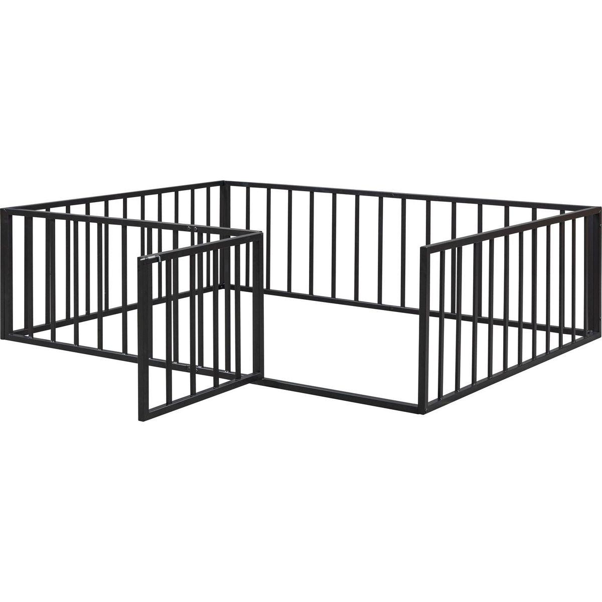 Full Size Metal Floor Bed Frame with Fence and Door, Black