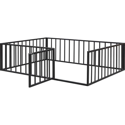Full Size Metal Floor Bed Frame with Fence and Door, Black