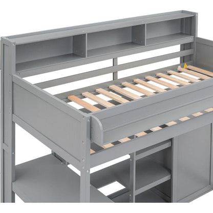 Wood Twin Size Loft bed with Multiple Storage Shelves and Wardrobe, Gray