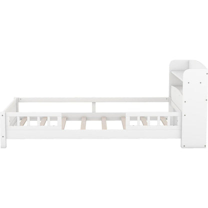 Wood Twin Size Platform Bed with Built-in LED Light, Storage Headboard and Guardrail, White