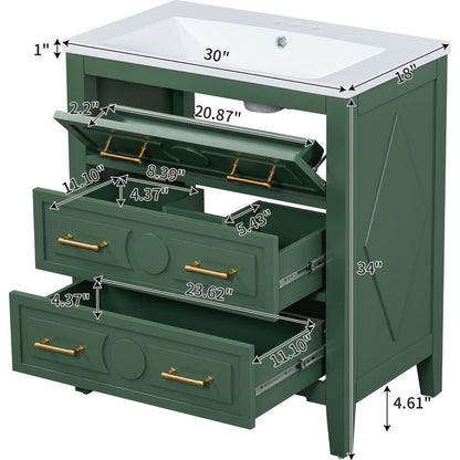 30" Bathroom Vanity with Resin Sink Combo, Free Standing Single Vanity Set with 3 Drawers, Solid Wood Frame Bathroom Storage Cabinet, Green