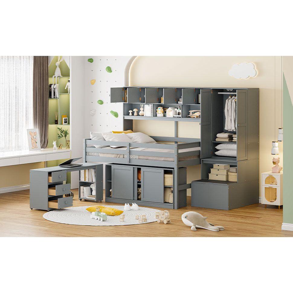 Full Size Wooden Loft Bed Big Storage with Under-bed Desk, with Drawers, with Shelves, Gray