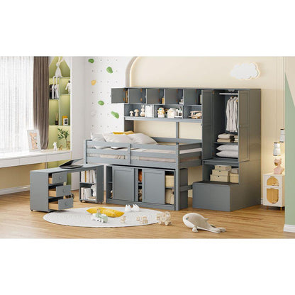 Full Size Wooden Loft Bed Big Storage with Under-bed Desk, with Drawers, with Shelves, Gray