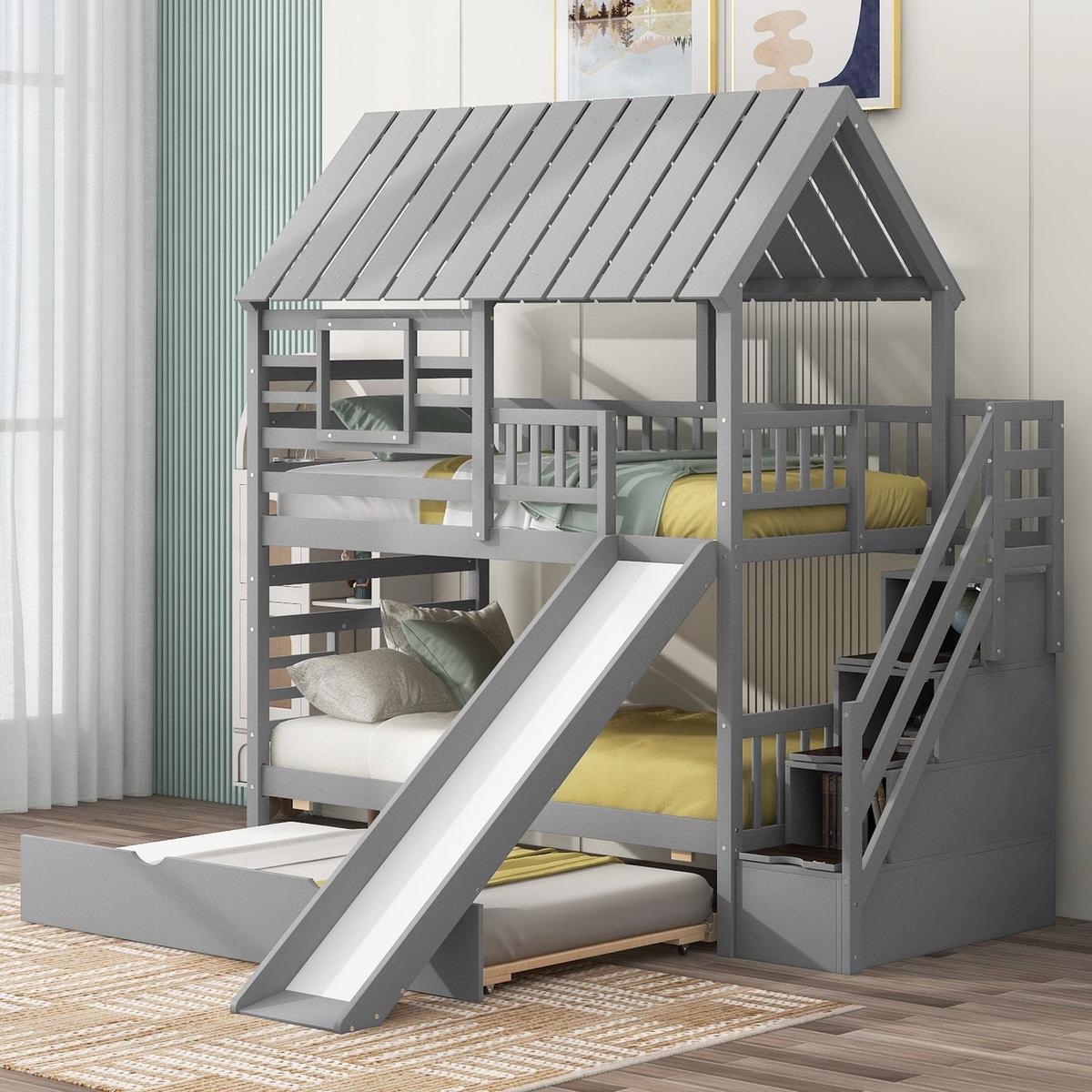 Twin over Twin House Bunk Bed with Trundle and Slide, Storage Staircase, Roof and Window Design, Gray