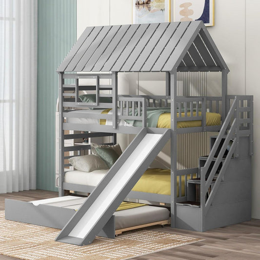 Twin over Twin House Bunk Bed with Trundle and Slide, Storage Staircase, Roof and Window Design, Gray