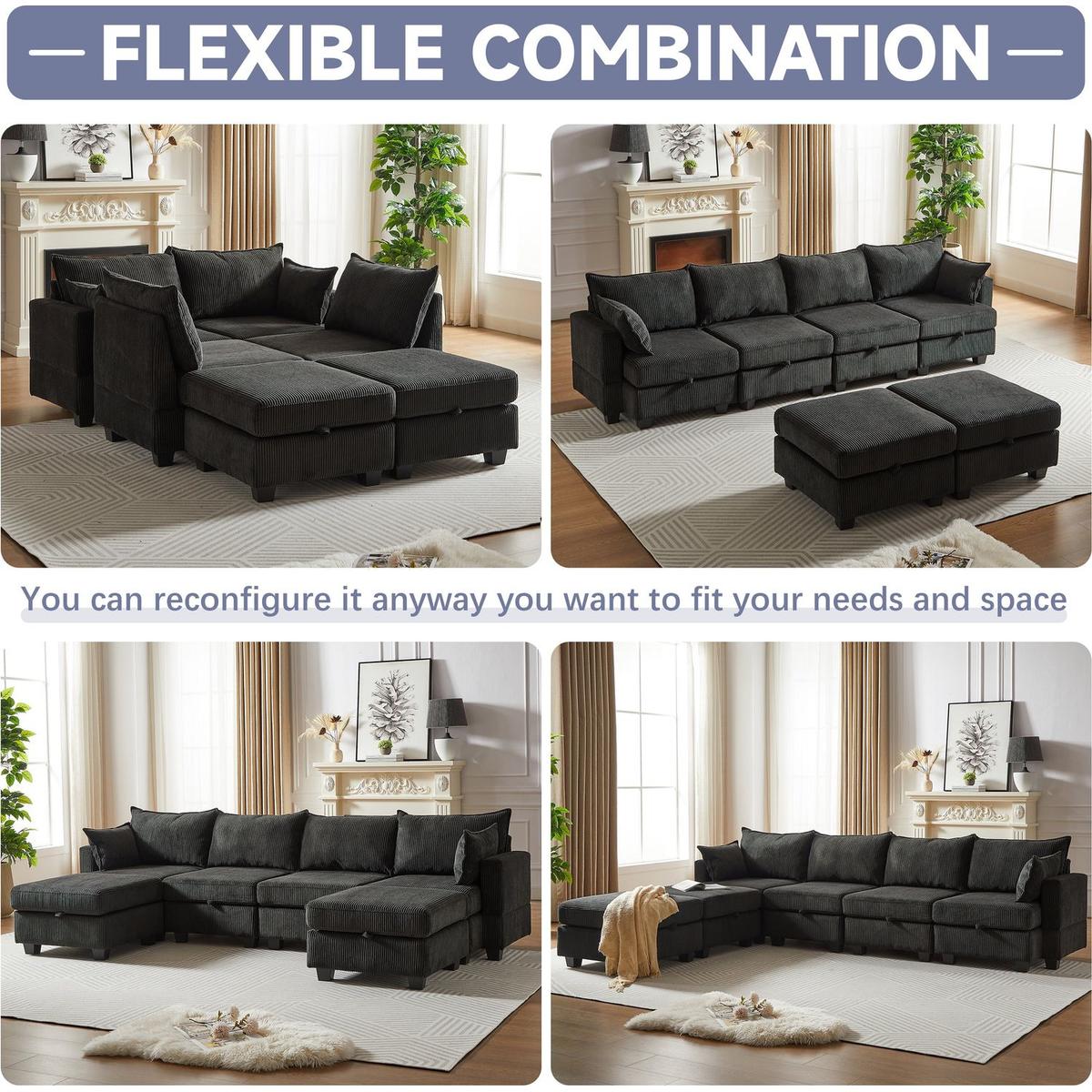 113.5" Modular Sectiona Corduroy Sofa, Sectional Couches for Living Room U Shaped Sectional Couch with Storage Ottoman, 6 Seats Convertible Sectionals with Chaise
