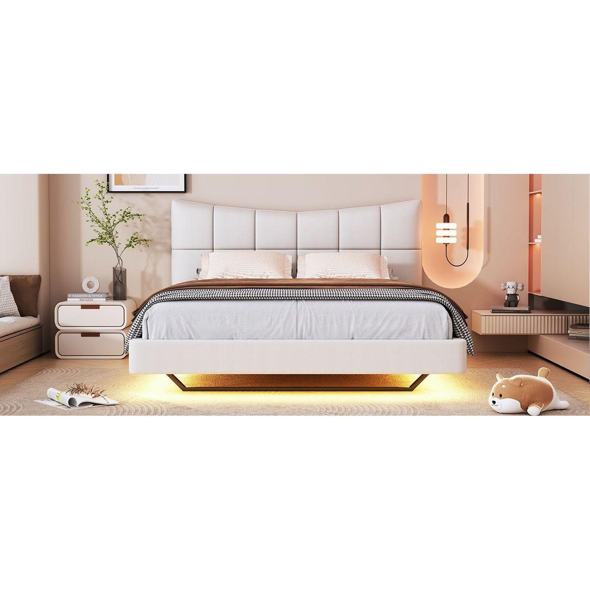 Full Size Upholstered Platform Bed with LED Lights,USB Ports and Outlets,Linen Fabric,Beige