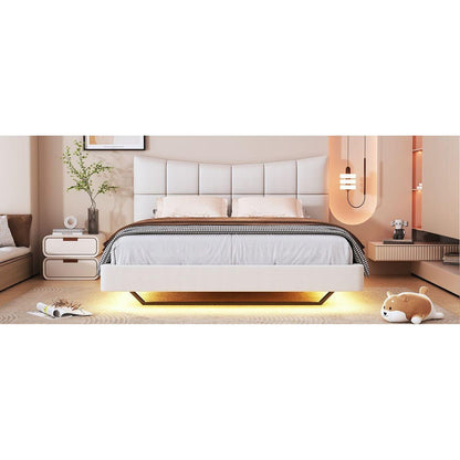Full Size Upholstered Platform Bed with LED Lights,USB Ports and Outlets,Linen Fabric,Beige
