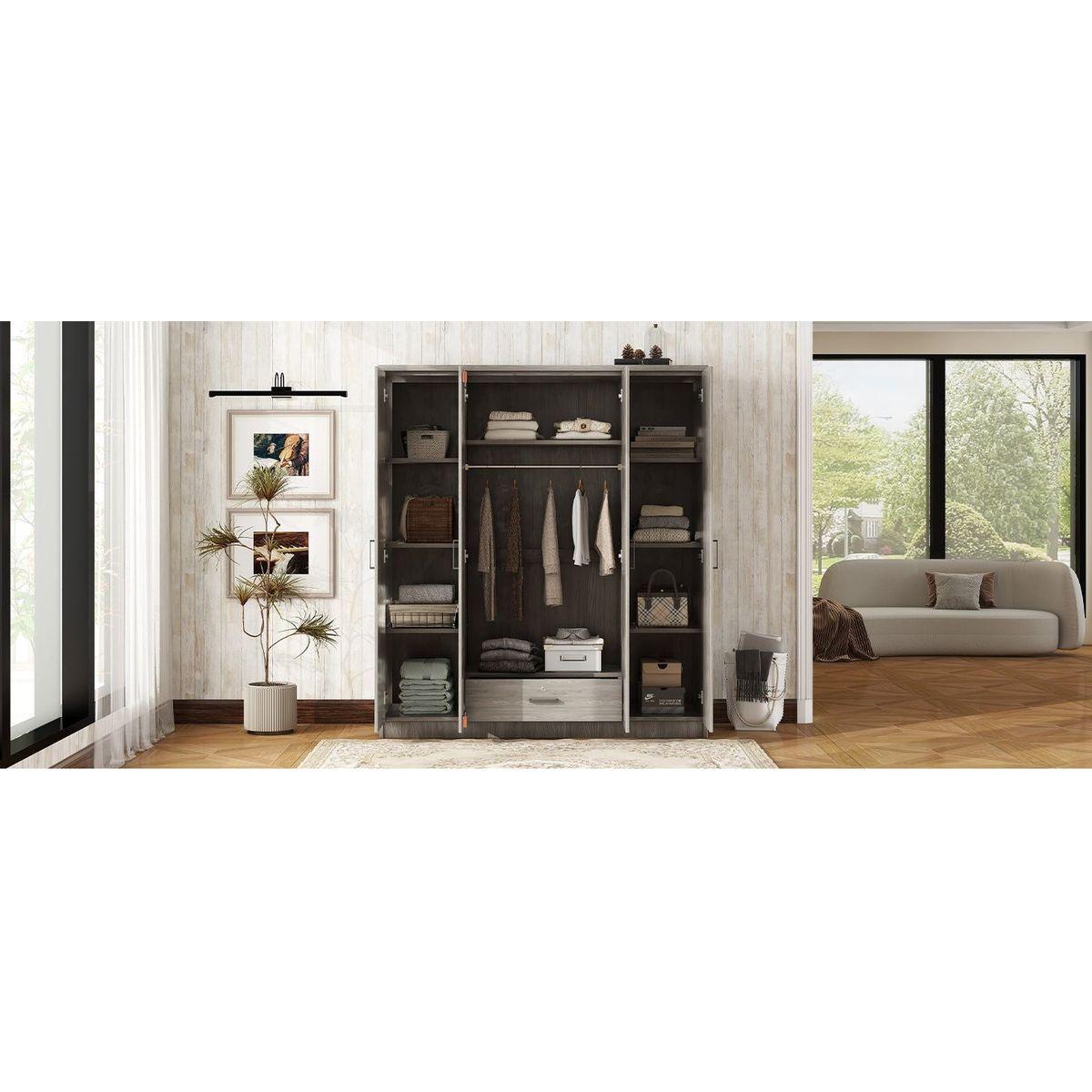 4-Door Wardrobe with 1 Drawer, Gray
