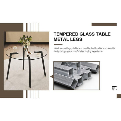 Modern simple style round transparent tempered glass table, black metal legs, 4-piece set of modern minimalist transparent dining chairs with black metal legs