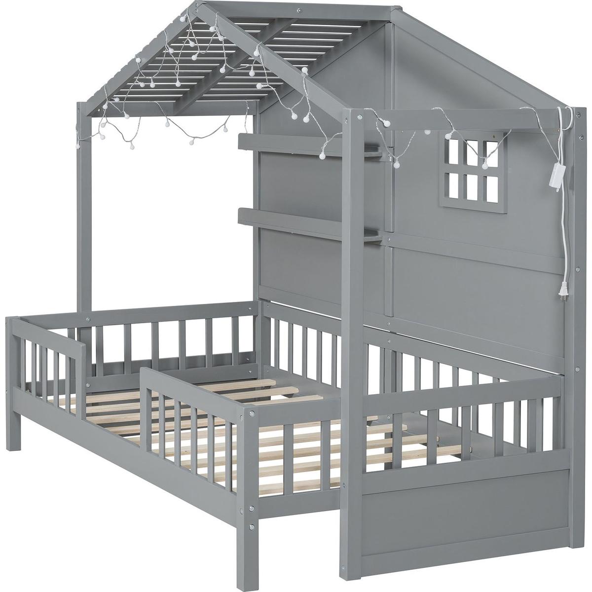 Twin Size House Bed with Shelves, House Bed with Window and Sparkling Light Strip on the Roof, Gray