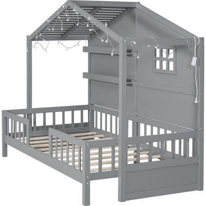 Twin Size House Bed with Shelves, House Bed with Window and Sparkling Light Strip on the Roof, Gray