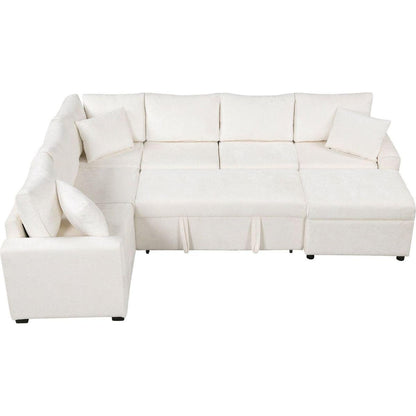 112.2" Sectional Sofa Pull-out Sofa Bed Sleeper with a Storage Ottoman,Three Pillows and Charging Devices for Living Room, Cream