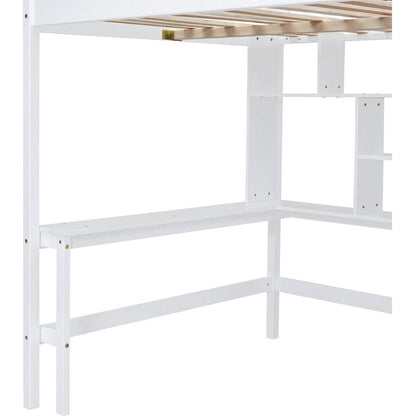 Full size Loft Bed with Bookshelf,Drawers,Desk,and Wardrobe-White